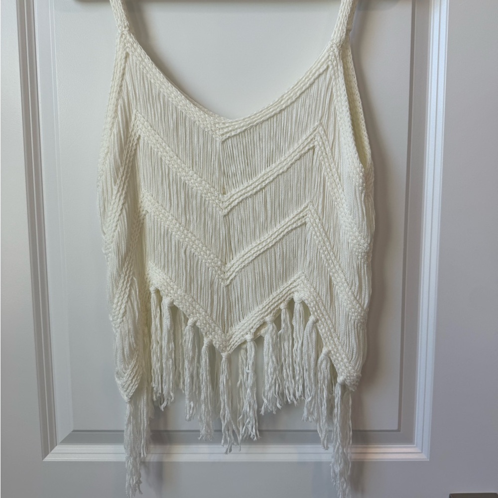 Cream Knit Top or swim cover up with Fringe size L